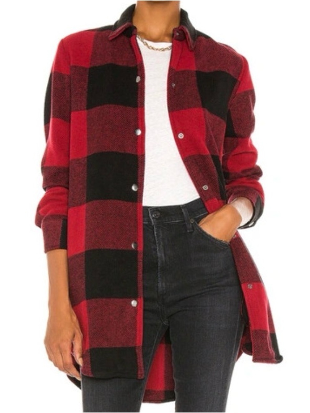 BB DAKOTA Buffalo Plaid Shacket Small Red Black Shirt Jacket Snap Front EUC